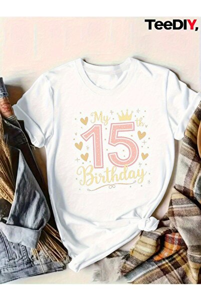 212Wear تي شيرت نسائي للعيد الخامس عشر - أبيض مع تصميم قلب ذهبي وردي ورقم 15،...