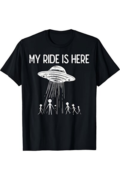 2mcup تي شيرت رجالي بطبعة UFO مضحكة "My Ride Is Here"، قميص قطني بياقة دائرية...