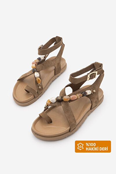 Marjin Women's Genuine Leather Ankle Strap Flip-Flop Sandals with Stones, Mon...