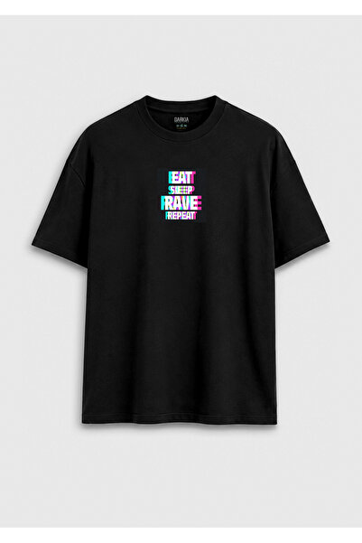 Darkia Eat Sleep Rave Repeat Printed Text Y2K Unisex Black T-Shirt