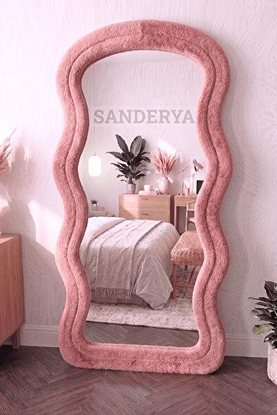 SANDERYA Pembe Renk Kumaş Kaplamalı Ayaklı Boy Aynası (182x87 cm)