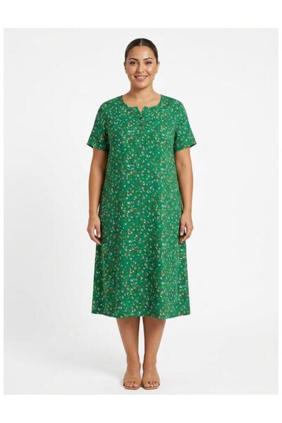 Sedef Moda Evi #   — Green Daisy Patterned Viscose Dress