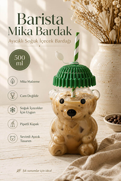 Anadolu Saray Barista Mika Ayıcıklı Pipetli Soğuk İçecek Bardağı 500 ml Cam D...