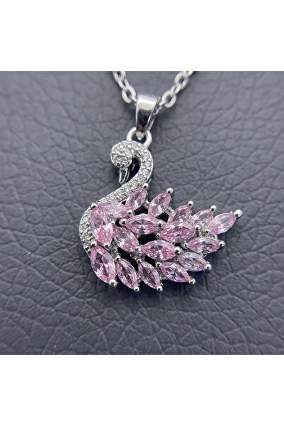 ESR Takı Dünyam Gümüş Renk Pembe Taşlı Kuğu Pink Swan Çelik Kolye