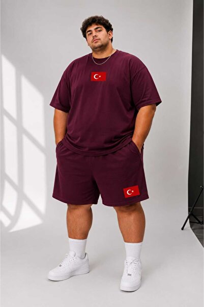 ZAVIXO Erkek Oversize Türkiye Bayrak Baskılı Şortlu Takım %100 Pamuk Rahat Ka...