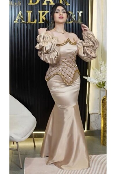 NALA FASHION Long Champagne Color Shiny Evening Dress,