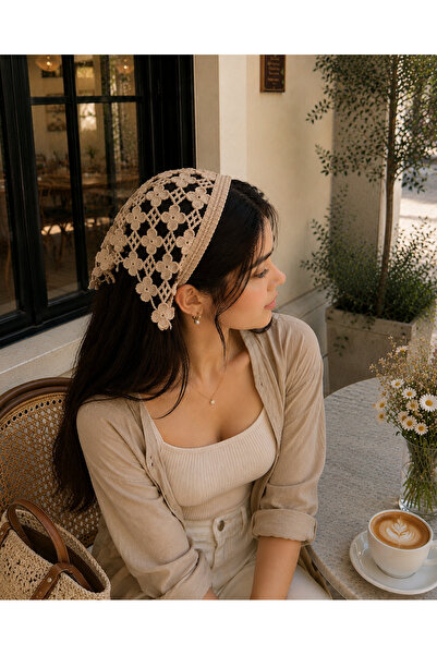 CSR AKSESUAR Handmade Floral Motif Metal Crown Knitted Bandana - Non-Slip Boh...