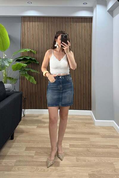 Banu Angay Denim Mini Skirt Dark Blue