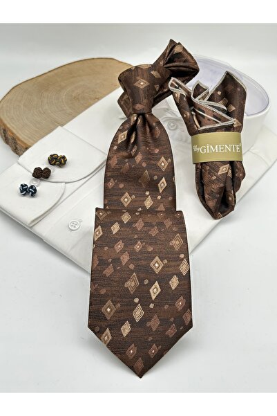 Gutiero Brown Patterned Classic Tie with Handkerchief
