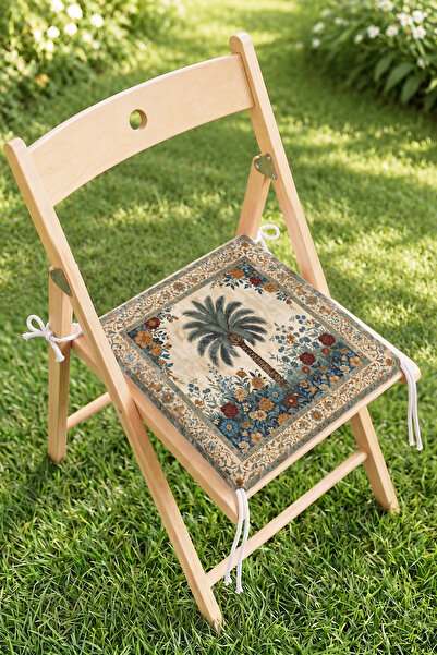 Home Palmiye Ağacı ve Çiçek Desenli Fermuarlı Sandalye Minderi - Vintage Bahç...