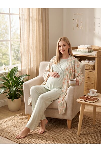 Lohusa Homewear New Season Green Summer Patterned Design with Easy Breastfeed...