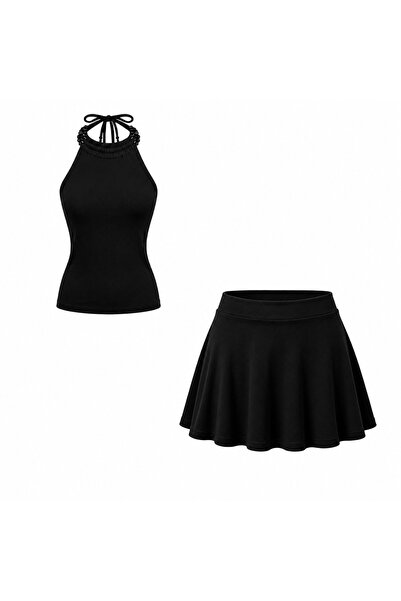 EVOA Women's Beaded Detailed Backless Blouse and Shorts Skirt Set