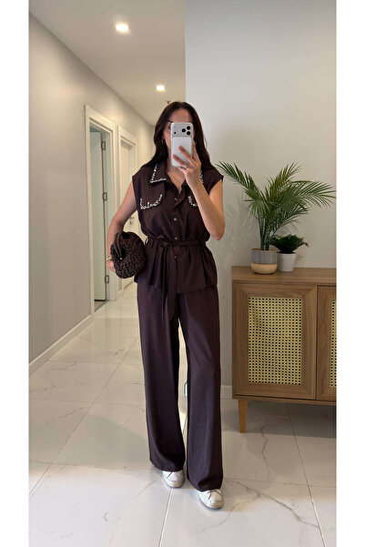 BİRCANÇİL Dolver Bitter Brown Stone Embellished Linen Vest and Trousers Set