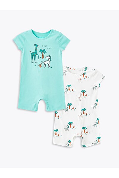 LC Waikiki Lcw Baby Green Crew Neck Printed Baby Boy Romper 2 Pcs