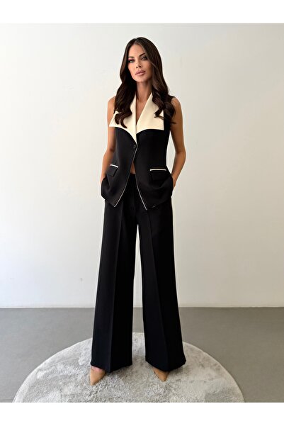 ossons Garnili Wide Collar Contrast Detailed Vest and Trousers Set - (Black, ...