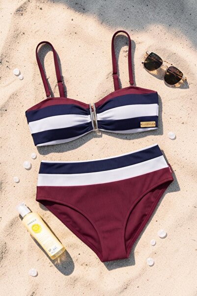 Luvensa Bordo Çizgili Aksesuar Detaylı Fitilli Bikini Takımı
