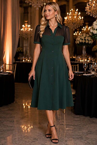 Mossta Short Sleeve Collared Midi Crepe Dress with Button Detail - Green