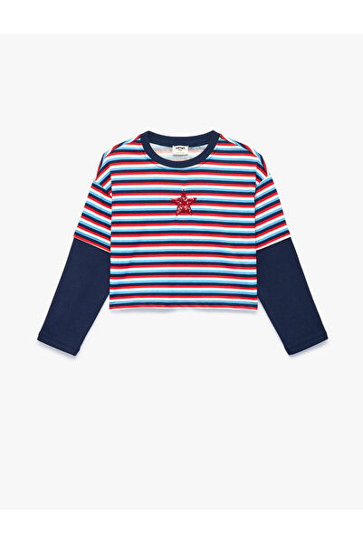 Koton Star Detailed Sequined Long Sleeve Crew Neck Cotton Striped T-Shirt