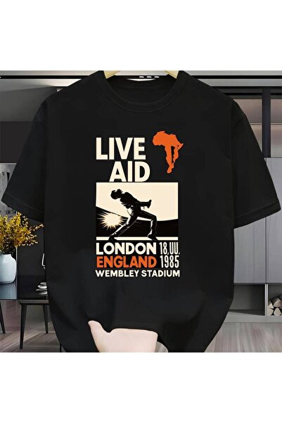23 nisan تي شيرت LIVE AID بخلفية سوداء بتصميم لندن 1985، بأكمام قصيرة - صديق ...