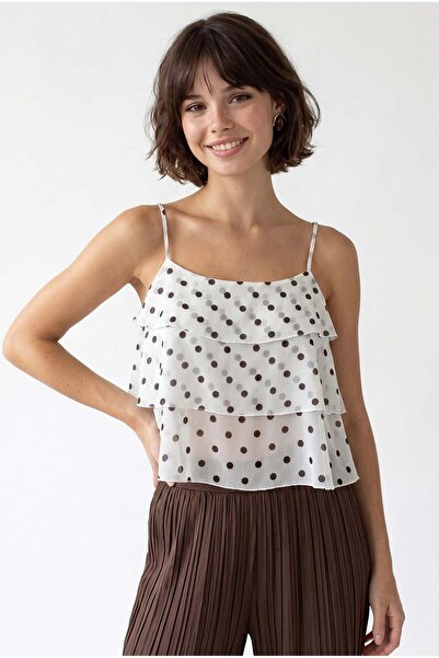 Mixray 4943 Kadın Puantiyeli Şifon Fırfırlı Askılı Crop Bluz Beyaz