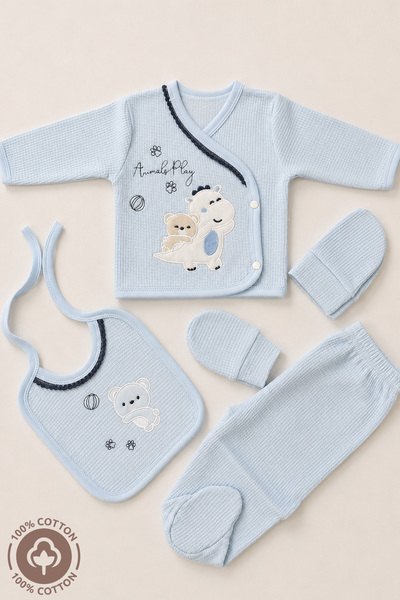 Miniel Unisex Bebek Waffle Kumaş Nakışlı %100 Pamuklu 5'Li Yenidoğan Bebek Ha...