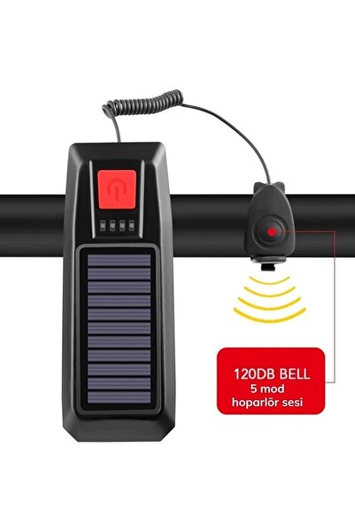 Carub Çok Fonksiyonlu Bisiklet Farı | LED Fener, Alarm, Kornalı, Solar & USB Şarjlı, Su Geçirmez