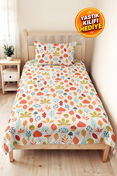 Evimde Bambaşka Botanik Orange Young Room Single Pique Set - Pastel Leaf Blue...