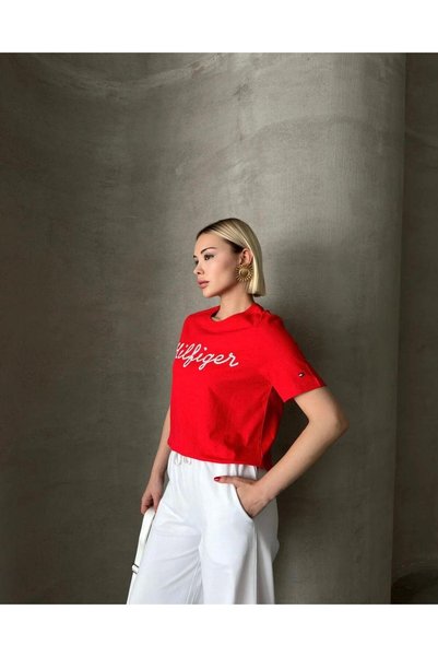 Noravelle Women's Text Printed Cotton T-Shirt - Red