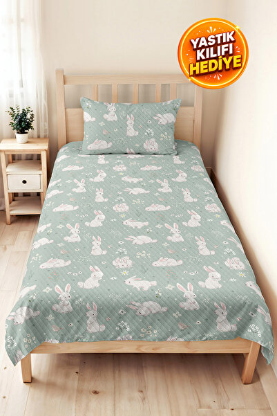 Evimde Bambaşka Rabbit Pastel Mint Girls' Pique Set - Floral Cute Baby Room B...