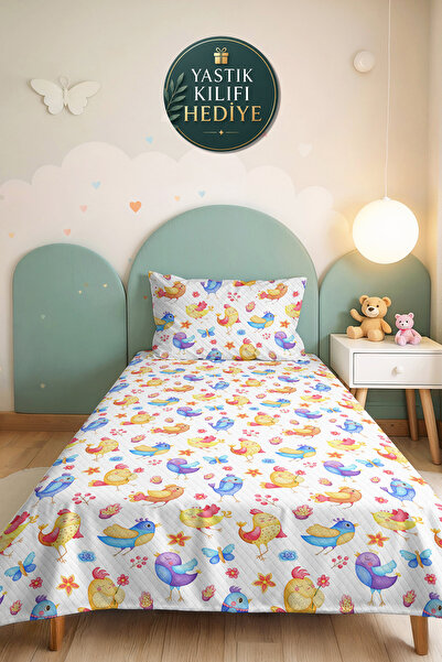 Evimde Bambaşka Bird Flower Pastel Children's Room Single Pique Set-Blue Yell...