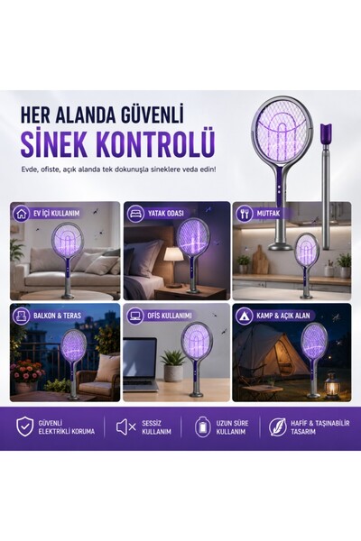 Polham 105 CM Uzatılabilir Elektrikli Sinek Öldürücü Raket, Şarjlı 2800V Yüksek Voltajlı, 360 Dönebi
