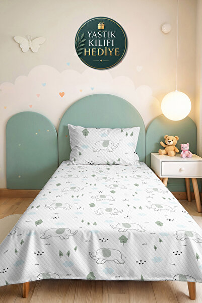 Evimde Bambaşka Elephant Patterned Pastel Children's Room Single Pique Set-No...