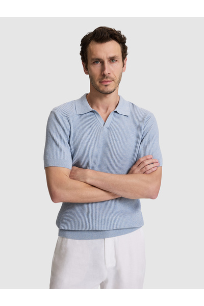 Cacharel Baby Blue Slim Fit 100% Cotton Lapel Collar Knitwear T-Shirt 5032058...