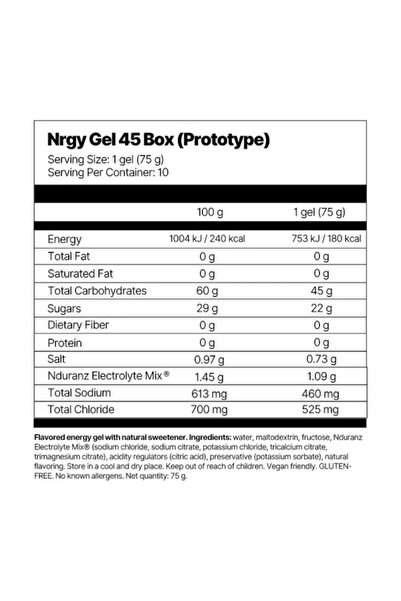 NDURANZ Gel carbohidratic cu aromă de piersică, Prototype Nrgy Gel 45, amestec de electroliți, set 10x75g Piersică