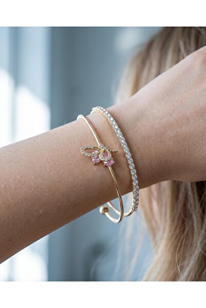 ILSA Pink Drop Stone Butterfly Detailed Double Arm Cuff Bracelet