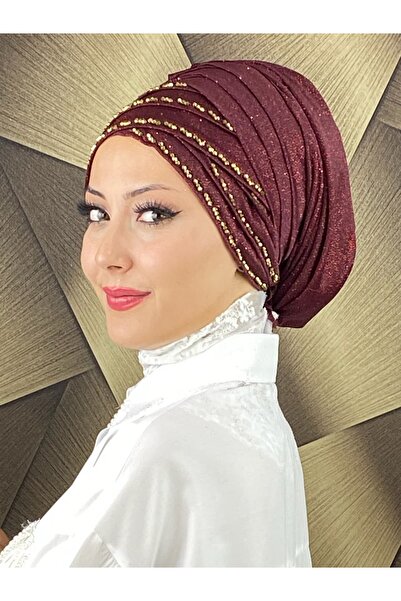 BUTİKAMBAR شال بونيه مزين بالخرز الأصفر ومفصل بشكل أنيق
