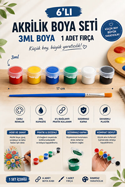 corvo hobi 6’lı Akrilik Boya Temel renkler Kabı 3ML + 1 Adet Fırça Seti Sızdı...