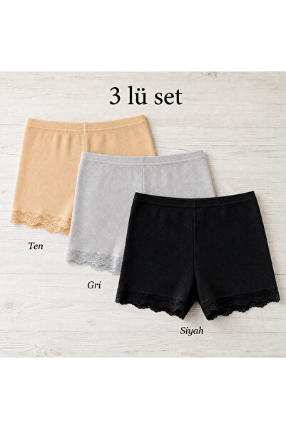 İncili Tekstil Women's 3-Piece Lace Long Ribbed Boxer Shorts - Cotton Stretch...