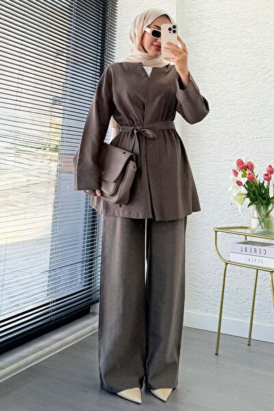 MELEK ARAZ Premium Vessa Belt Detailed Linen Trousers Set - Brown