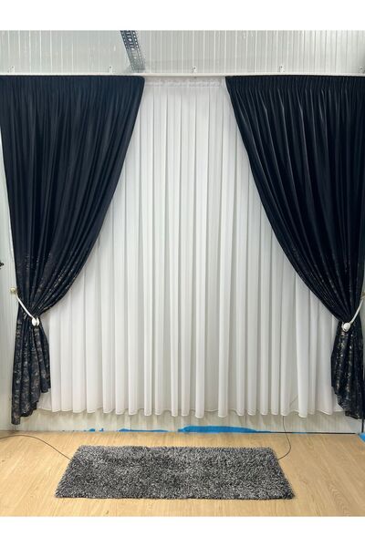 Metropolitan Concept Nisa Printed Velvet Curtain Set Marble Pattern Semi Blac...