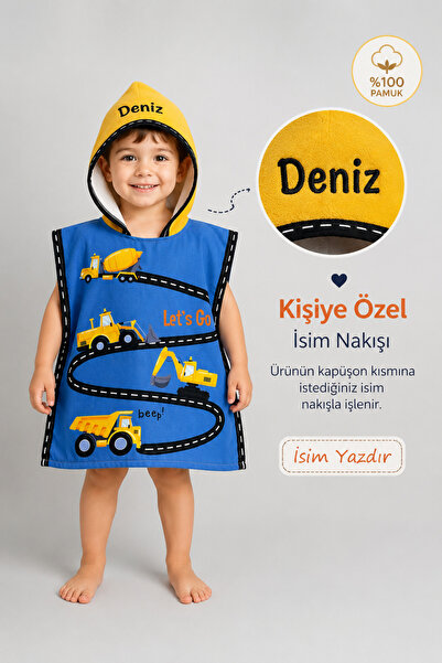 Minilee İnşaat Macerası - İsimli Çocuk Kapşonlu Panço Havlu – Deniz, Havuz ve...
