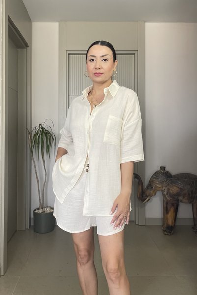 Butik Didem Sakinci Cotton Muslin Soft Textured Shirt Shorts Set