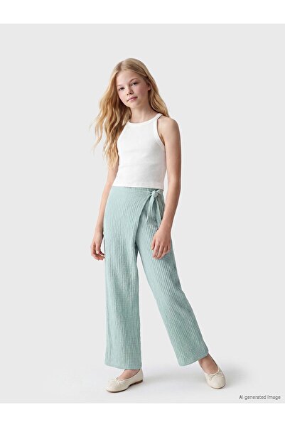LC Waikiki Lcw Kids Blue Girls' Pants with Elastic Waist and Tie Detail