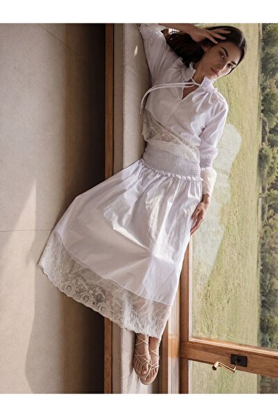 LC Waikiki Lcw Vision White Elastic Waist Gathered Poplin Flared Skirt