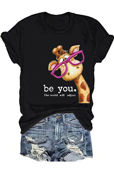 BASEPULSE Giraffe Print T-shirt, Short-sleeved Round-neck Casual Top, Spring/...
