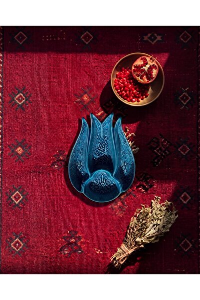 TERRATURKA El Yapımı Seramik Lale Çerezlik Bölmeli Sunum Tabağı Renkli