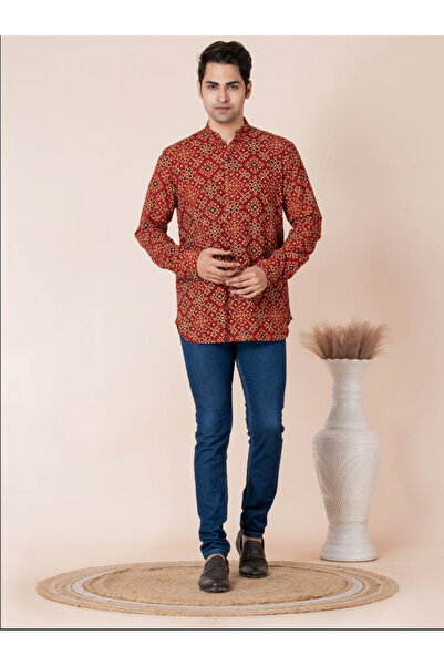 Devoiler Mens Red All-Over Printed Cotton Short Kurta