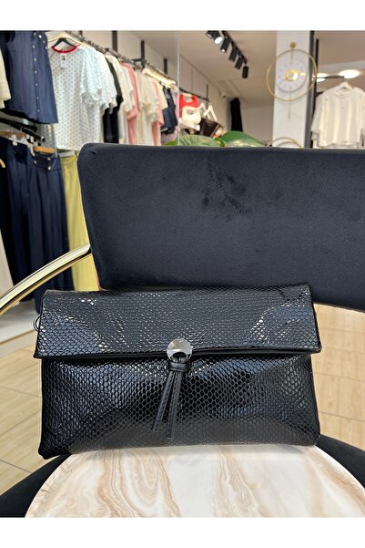 Liora Luxe Kadın Siyah Rugan Yılan Desenli Katlanabilir Portföy Clutch Çanta