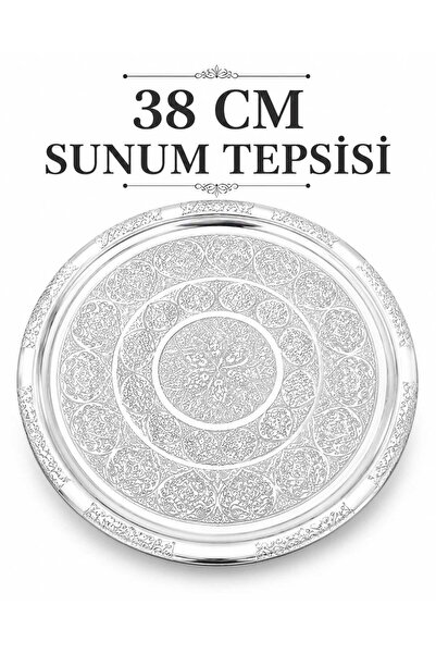 Gül Mutfak 38 cm Stainless Steel Chrome Tray, Round Embossed Serving Plate, K...