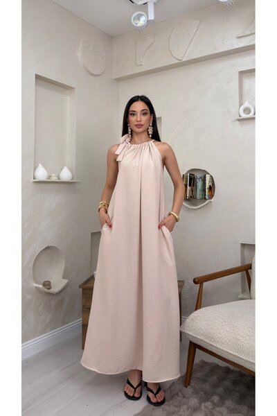 miraylawear FAYE KREM RENKLİ BOYUNDAN BAĞLAMALI SALAŞ TARZ KADIN MAXİ ELBİSE